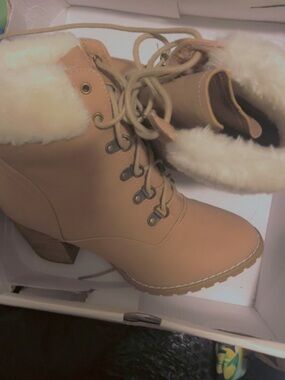 Cato Tan Lace-Up Faux Fur Ankle Heeled Boots